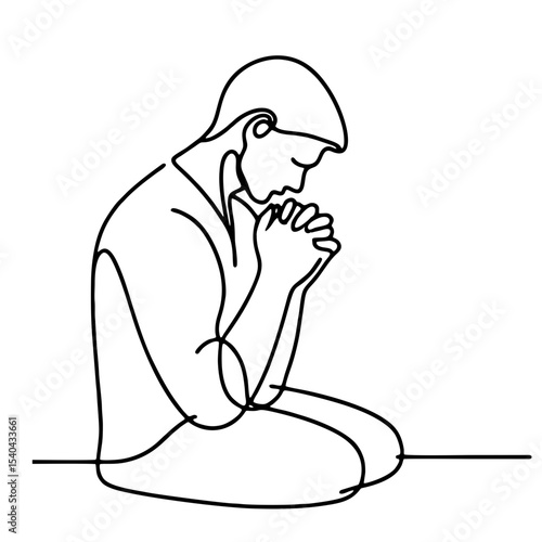 Reverence — man in emotional theatrical prayer pose: minimalist single black line drawing. One line art.