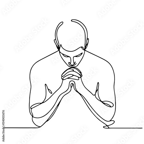 Reverence — man in emotional theatrical prayer pose: minimalist single black line drawing. One line art.