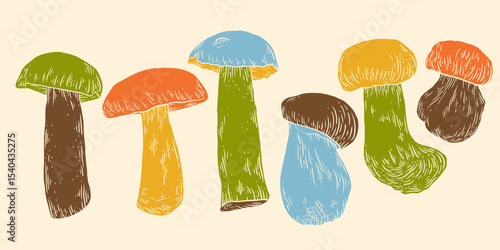 Set of Porcini Mushrooms. Vector hand drawn autumn print collection, forest design. Natural food silhouette, vintage mushroom pickers symbol. Travel stamp retro graphic.