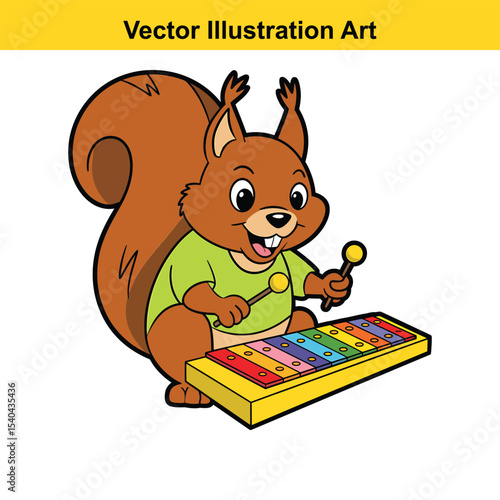 Cute squirrel playing xylophone musical instrument cartoon illustration