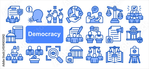 Democracy icon collection set. Containing Elections, Human rights, Transparency, Freedom, Representation, Participation, Constitution. Simple line vector