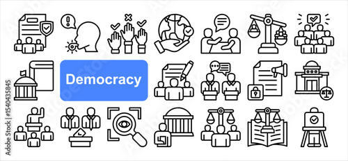 Democracy icon collection set. Containing Elections, Human rights, Transparency, Freedom, Representation, Participation, Constitution. Simple line vector
