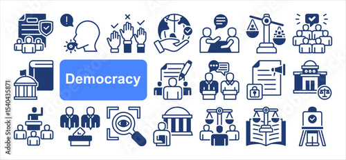 Democracy icon collection set. Containing Elections, Human rights, Transparency, Freedom, Representation, Participation, Constitution. Simple vector