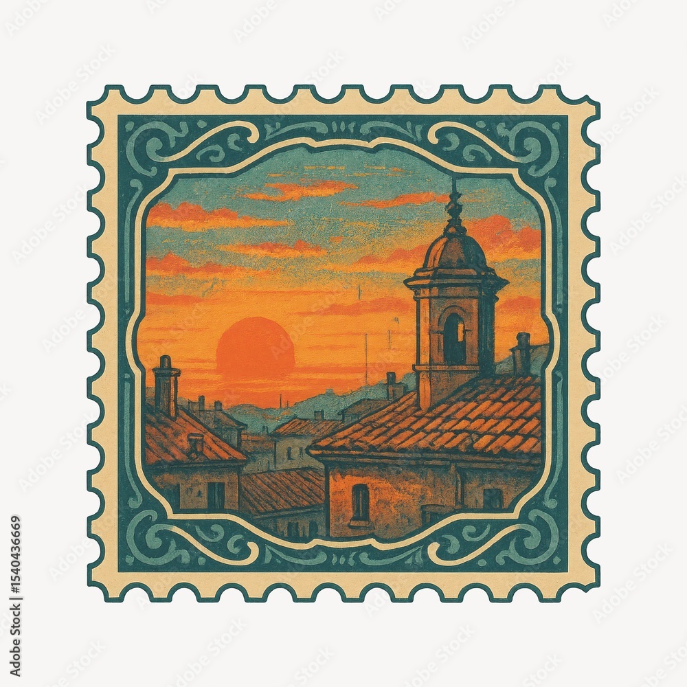 Obraz premium Vintage sunset cityscape stamp