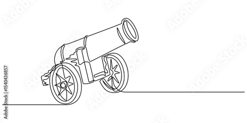 Cannon continuous one line drawing minimalism design, Continuous One line drawing of Cannon. Ancient military defense symbol with basic barrel and wheel details, Army warfare equipment in battlefield.