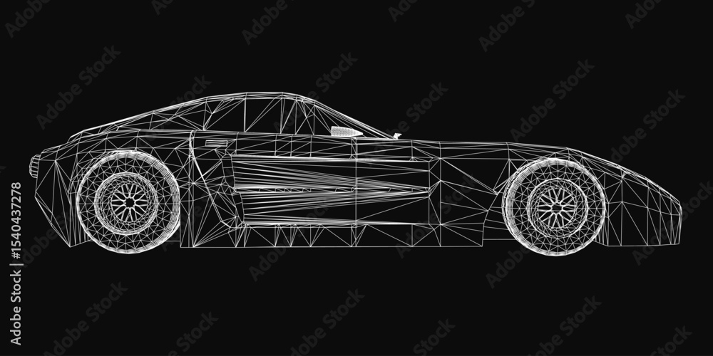 Naklejka premium Low poly wireframe sports car with intricate geometric design, composed of interconnected lines and shapes on a sleek black background. The futuristic aesthetic highlights the vehicle's dynamic.