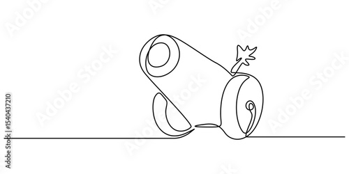 Cannon continuous one line drawing minimalism design, Continuous One line drawing of Cannon. Ancient military defense symbol with basic barrel and wheel details, Army warfare equipment in battlefield.