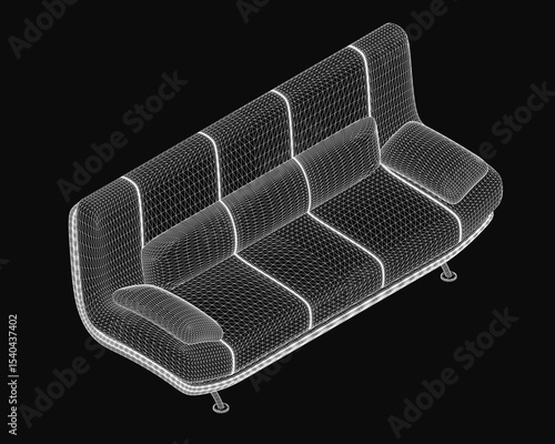 3D wireframe sofa model on a black background, showcasing realistic contours and structural details. The minimalist design highlights clean lines and modern aesthetics.