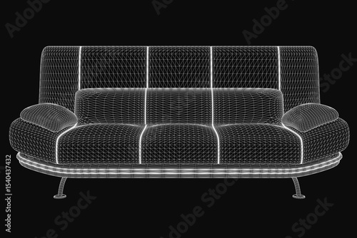 3D wireframe sofa model on a black background, showcasing realistic contours and structural details. The clean design highlights modern aesthetics with precise edges and a minimalist style.