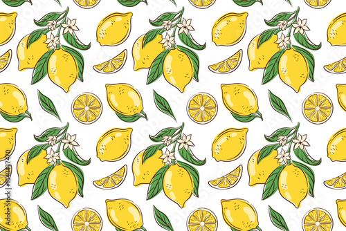 Seamless pattern with whole lemon and slice, flowers with green leaves on white background. Bright citrus fruit design for summer kitchen fabric, packaging and organic theme.