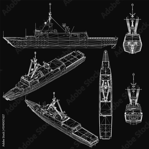 Detailed blueprint of a navy warship on a black background, featuring intricate design elements and labeled sections. The ship's structure includes various shapes and sizes for a realistic.
