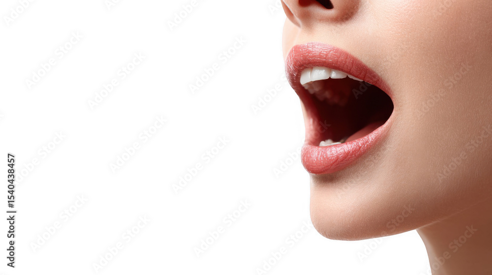 Obraz premium Close up of a woman opening her mouth, revealing white teeth and a pink lipstick, isolated on a transparent background, perfect for beauty and healthcare projects