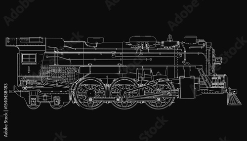 Vintage steam locomotive in detailed black and white illustration, showcasing the engine, wheels, and intricate mechanical components. The bold contrast against a dark background highlights