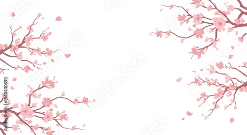 Pink cherry blossom tree branches with delicate floral patterns beautifully frame a spring design, adorned with illustrative leaves and a bird