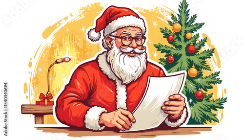 Santa Claus reading list with Christmas tree and festive background  