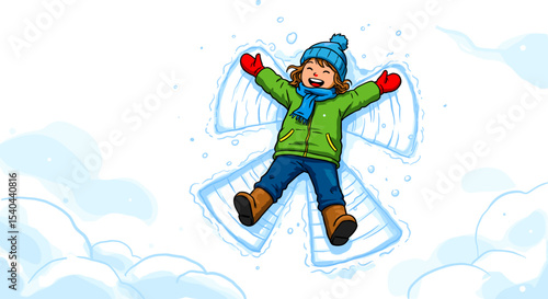 New Year. Happy child making snow angels in winter snowy environment  