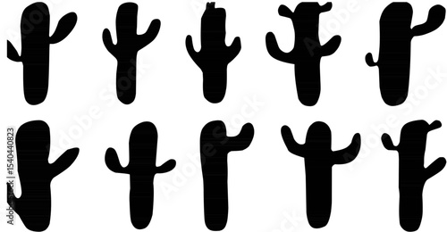 Set of simple cactus silhouette vector icons in playful cartoon style, perfect for desert scenes, western themes, nature illustrations, and minimal landscape graphics.

