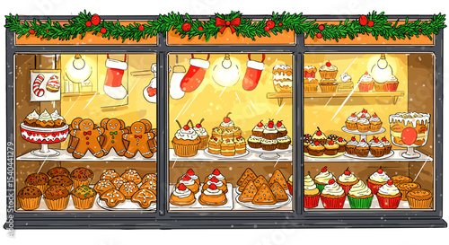 Christmas pastry display in shop window with festive decorations  