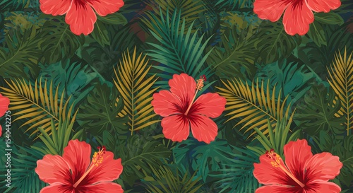 Red and green leaves with beautiful red flower blossoms create a vibrant nature background