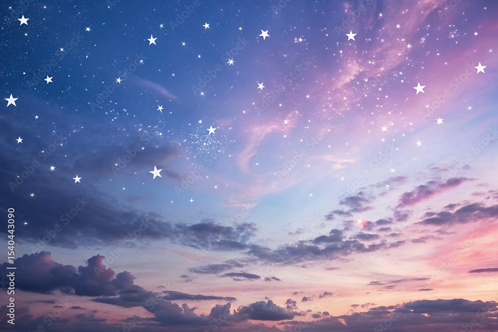 Fototapeta premium Dreamy sunset sky with stars and clouds