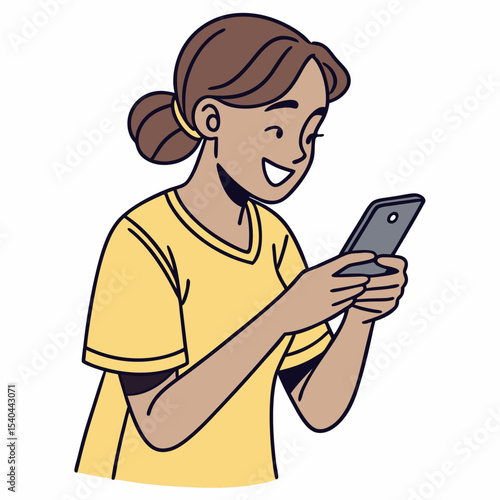 Happy woman using smartphone, clean cutout, transparent background