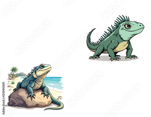 Vsai two fijian crested iguanas posing in different environments