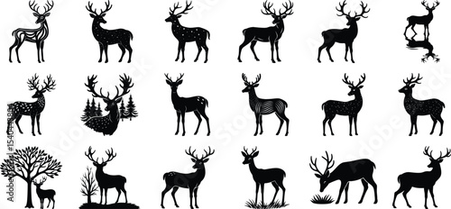 set of deer silhouettes, on white background.