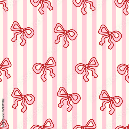 Coquette seamless pattern with hand-drawn red bows on pink and white vertical stripes. Cute and girly background for Valentines Day, wrapping paper, scrapbooking, wallpapers, and stationery. Vector 