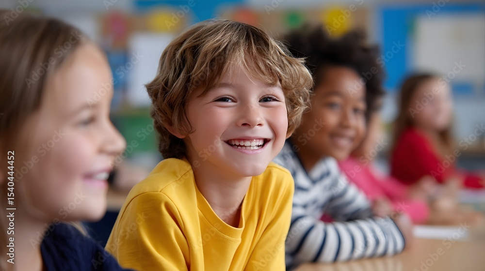 A group of diverse children happily laughing and interacting in a vibrant, engaging classroom environment, showcasing the joy and energy of the educational experience. A group of diverse children happily laughing and interacting in a vibrant, engaging classroom environment, showcasing the joy and energy of the educational experience.