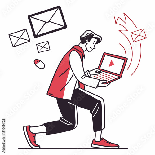 Man rushing to work laptop emails video communication