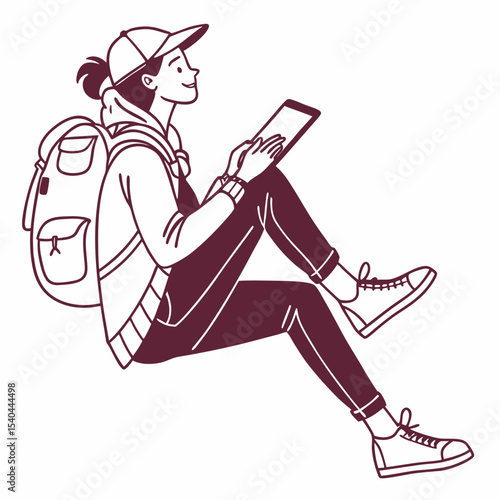 Young woman traveler using tablet backpack sitting legs crossed