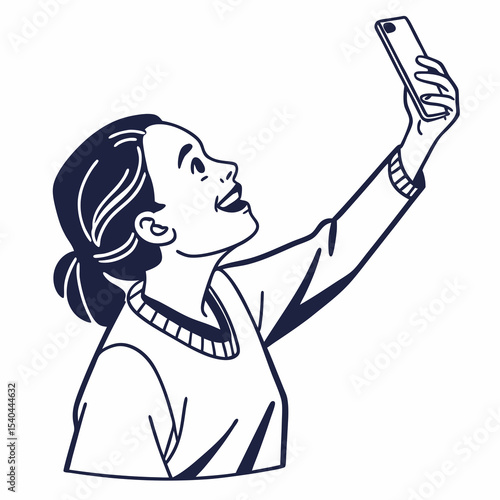 Happy woman taking selfie with smartphone up high