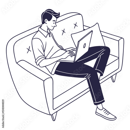 Man relaxing on sofa working on laptop computer