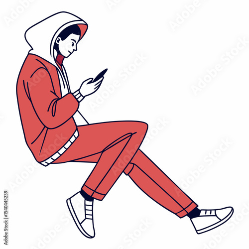 Young man in red hoodie using smartphone sitting sideways