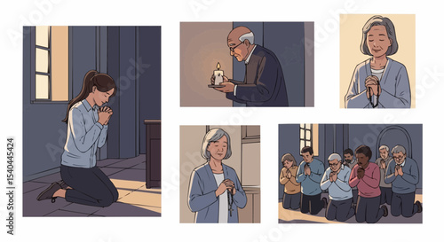 Set of vector illustrations of people praying in church, kneeling, lighting candles, and holding rosaries, peaceful atmosphere
