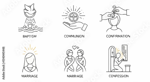 Set of vector illustrations of Catholic sacraments: baptism, communion, confirmation, marriage, and confession, symbolic style