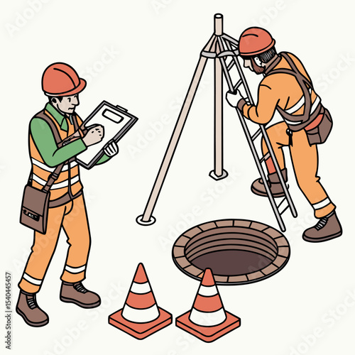 Confined space inspection in isometric style showing workers with safety gear and a supervisor tracking inspection data on a digital tablet.