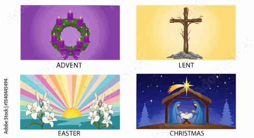 Set of vector illustrations of Catholic liturgical calendar elements: Advent, Lent, Easter, and Christmas symbols