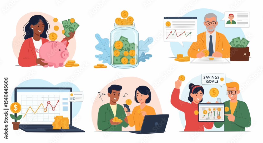 Set of vector illustrations of people saving money in piggy banks, jars, and digital wallets, in flat colorful style Set of vector illustrations of people saving money in piggy banks, jars, and digital wallets, in flat colorful style