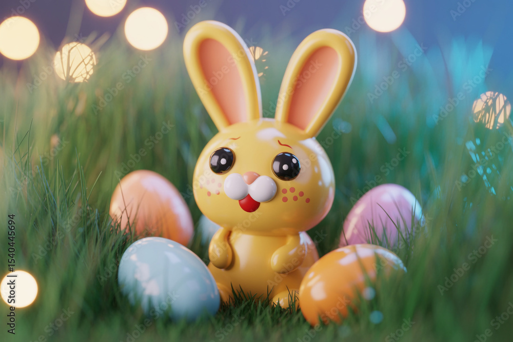 Fototapeta premium Cute Yellow Cartoon Bunny Figurine in Grass with Colorful Easter Eggs (1)