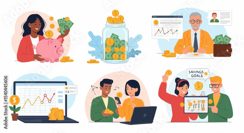 Set of vector illustrations of people saving money in piggy banks, jars, and digital wallets, in flat colorful style