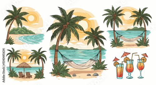 Set of vector illustrations of tropical vacations with beaches, palm trees, cocktails, and hammocks, colorful and relaxed style