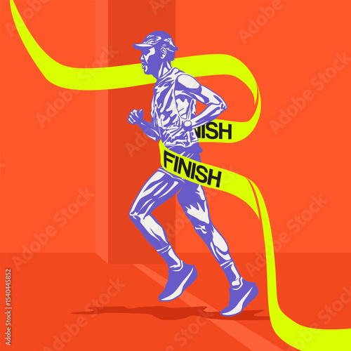 Stylized Vector Runner Poster. Runner crossing finish line with blue yellow in vector art illustration