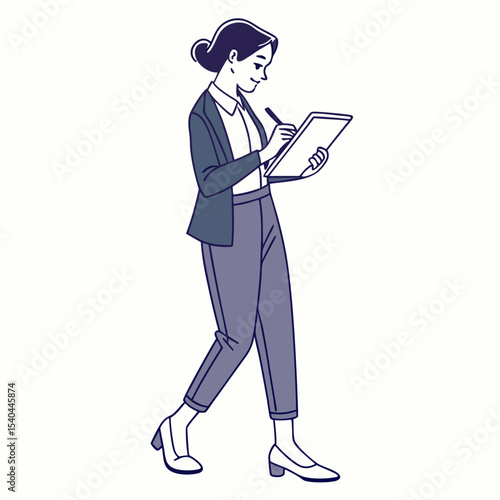Businesswoman walking while taking notes on tablet