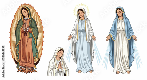 Set of vector illustrations of Virgin Mary in different apparitions: Our Lady of Guadalupe, Fatima, Lourdes, in serene and sacred poses