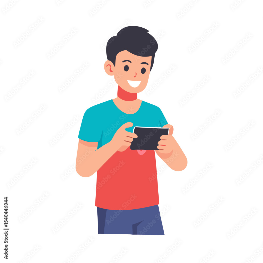 Happy boy playing mobile game on smartphone, transparent background Happy boy playing mobile game on smartphone, transparent background