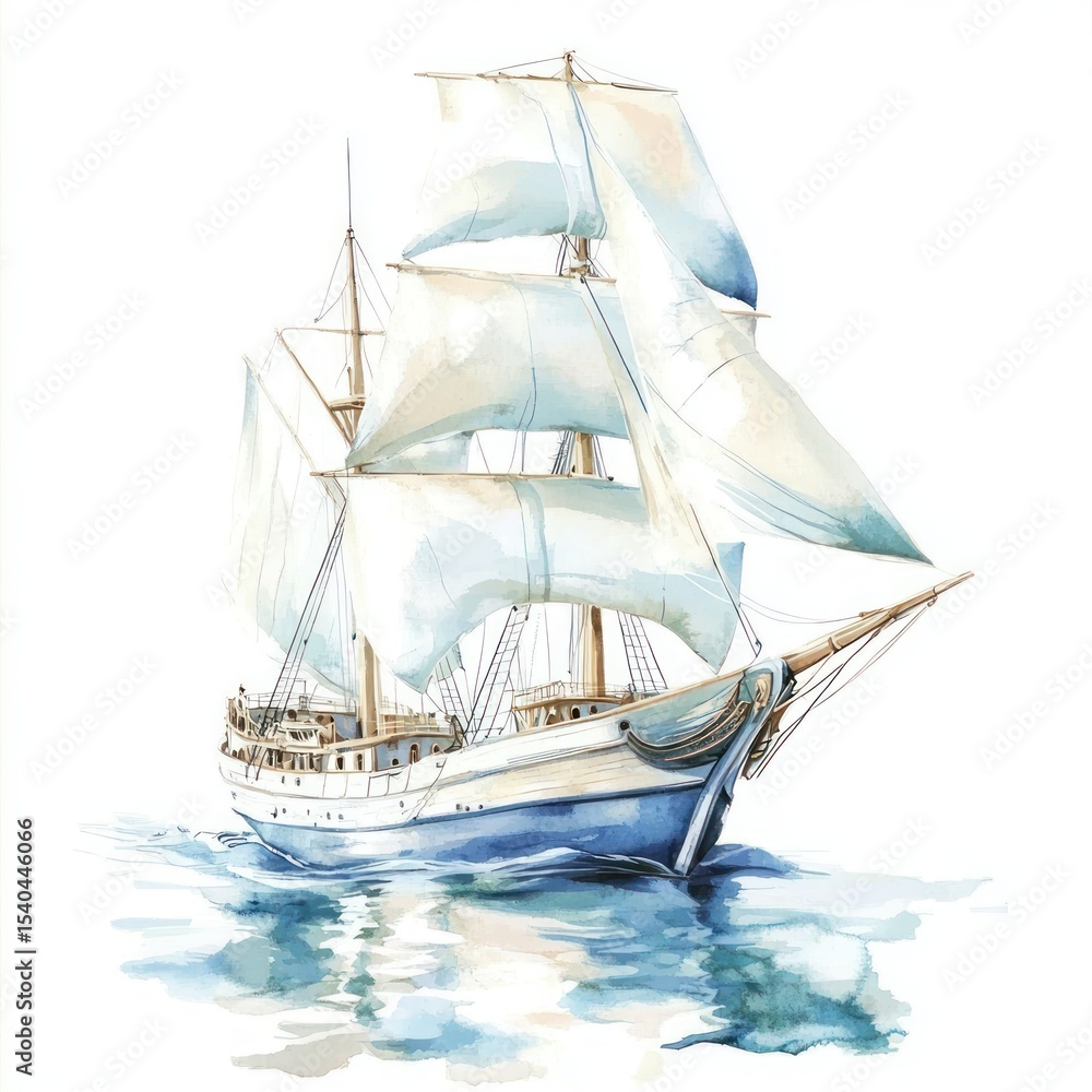 Obraz premium Watercolor illustration of a sailing ship. Gentle seascape
