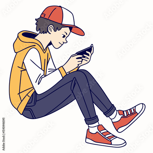 Boy playing mobile game sitting on floor clean cutout illustration