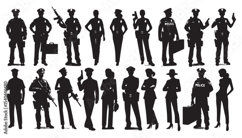 black color police silhouette vector illustration, solid white background