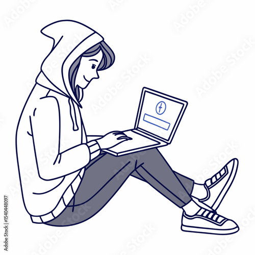 Woman in hoodie using laptop computer working from home
